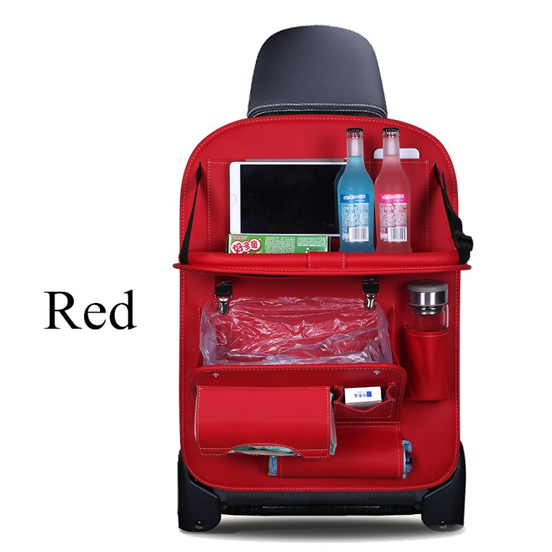 Multi-pocket leather car seat organizer with collapsible tray table