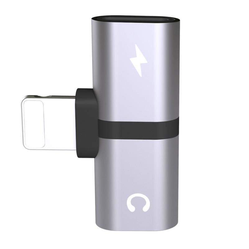 2-in-1 headphone and charger adapter for iPhone in silver