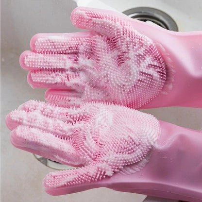 Magic silicone dishwashing gloves with scrubber bristles for kitchen cleaning