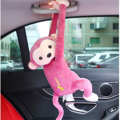 Hanging plush monkey tissue dispenser for car headrest rail