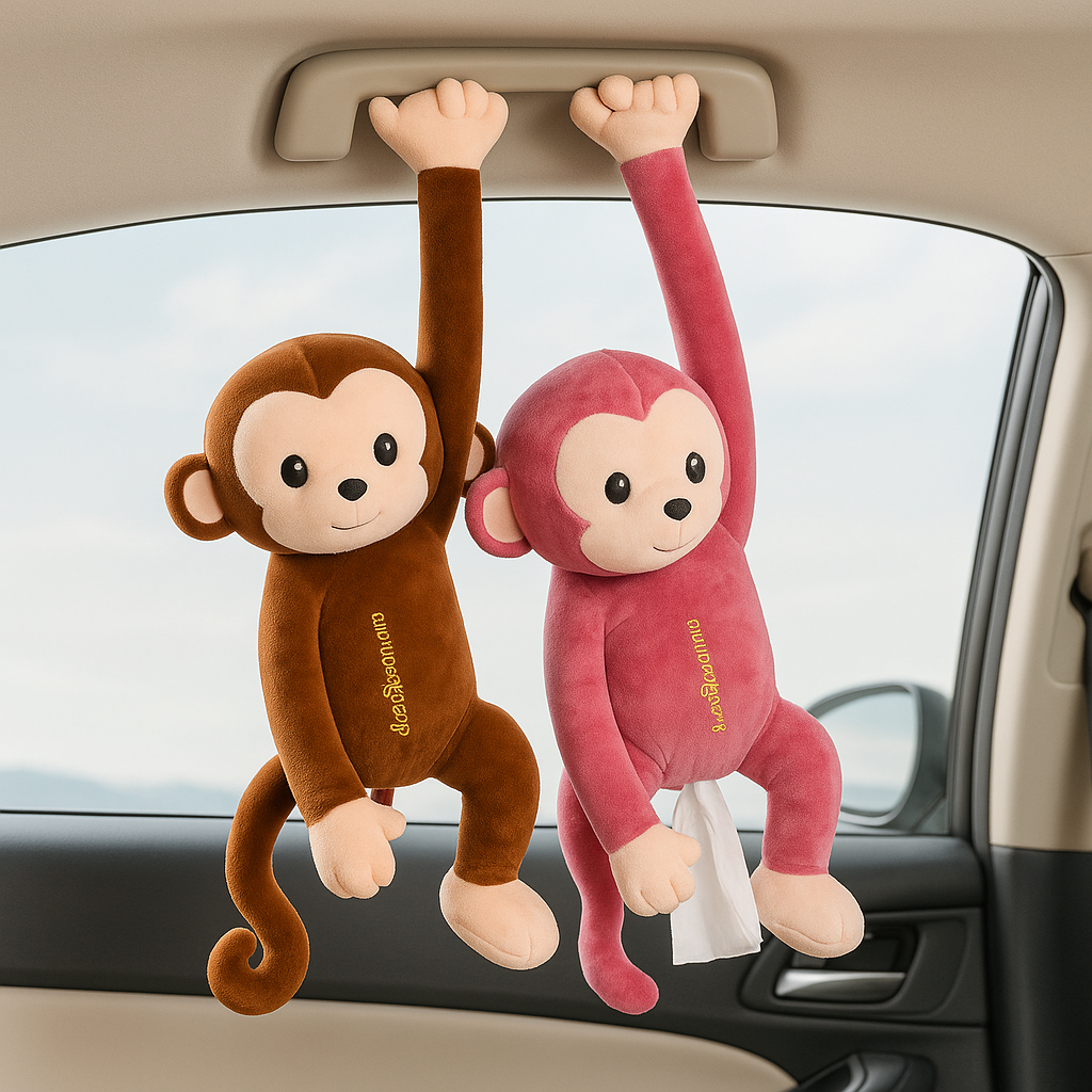 Hanging monkey tissue holder for car headrest in brown and pink