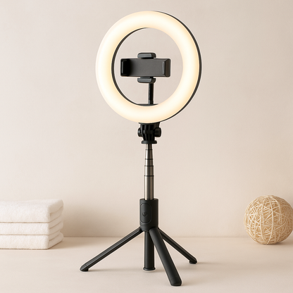 Portable 4-in-1 selfie stick with tripod stand and LED light