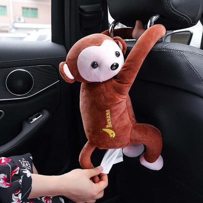 Brown plush monkey tissue dispenser for car interior