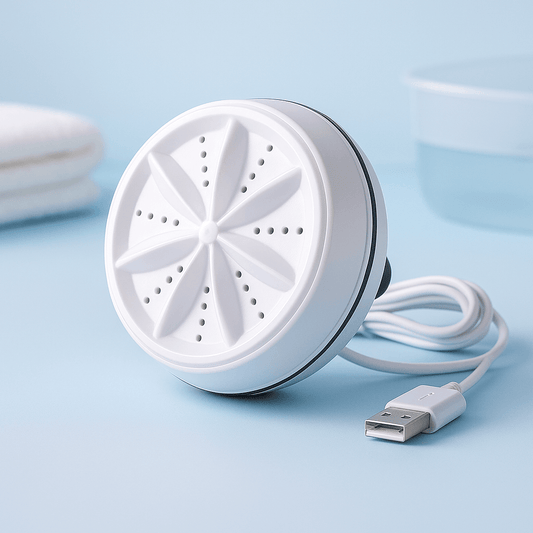 White 2_in_1_Mini_Ultrasonic_Washer_Cleaner with USB cable on a light blue background