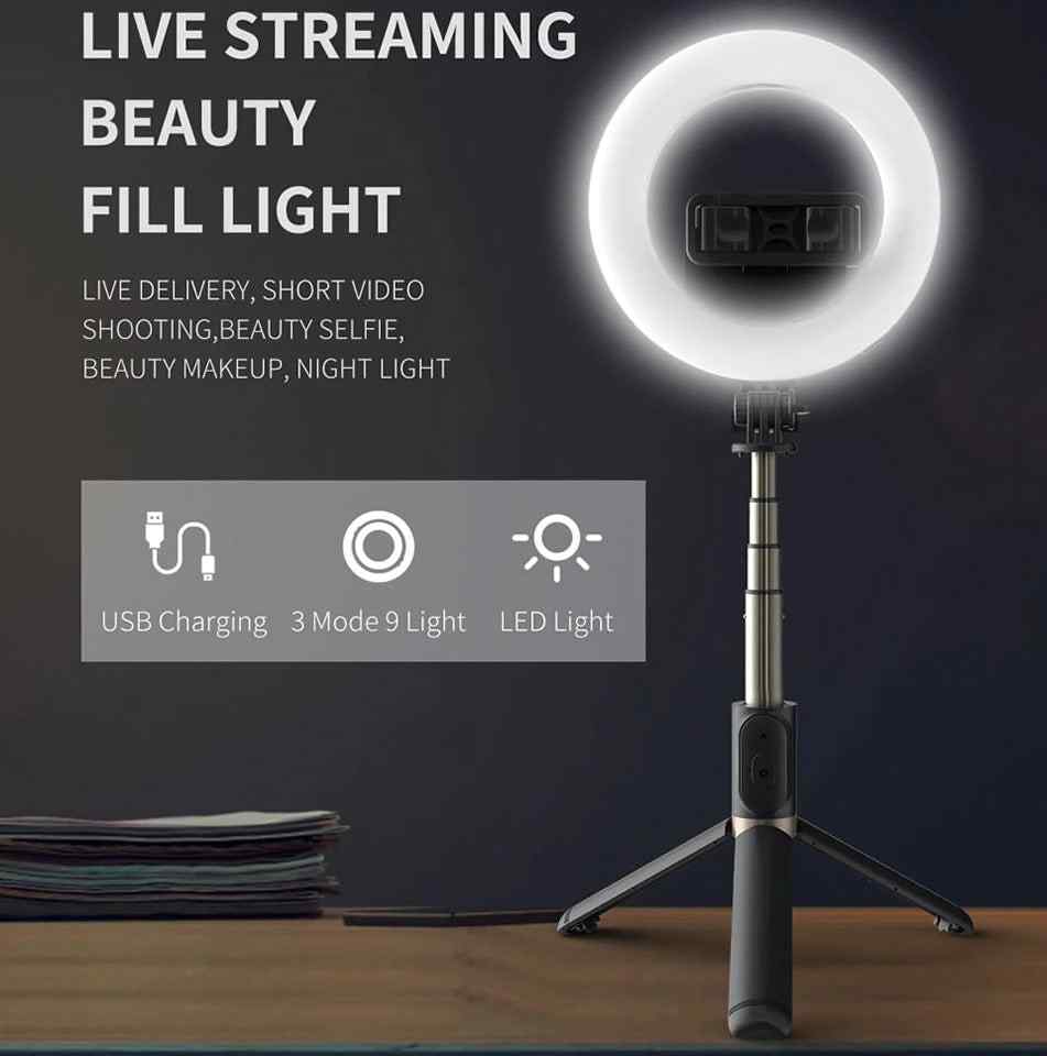 Wireless remote selfie stick with foldable tripod and LED panel