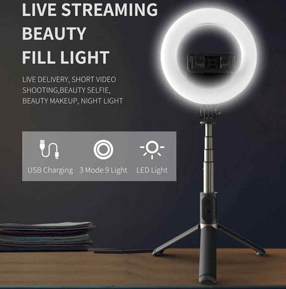 Wireless remote selfie stick with foldable tripod and LED panel