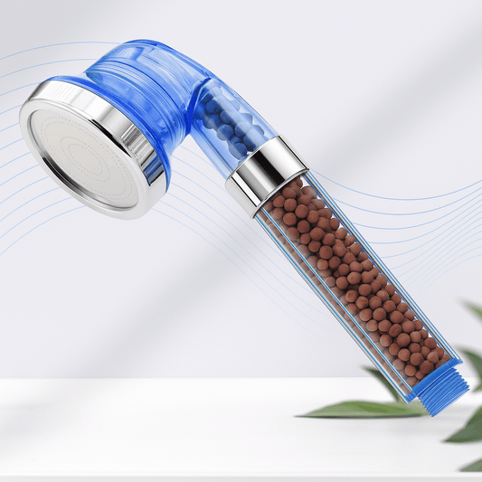 Shower head with blue plastic housing and visible internal components on a light gray background