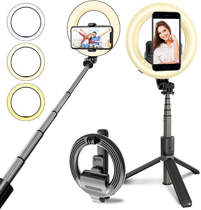 Black selfie stick with built-in LED ring light and tripod legs