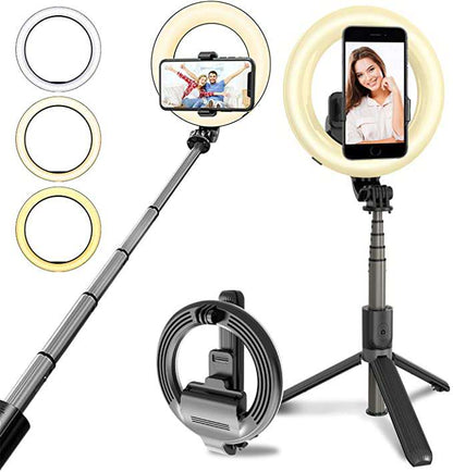 Black selfie stick with built-in LED ring light and tripod legs