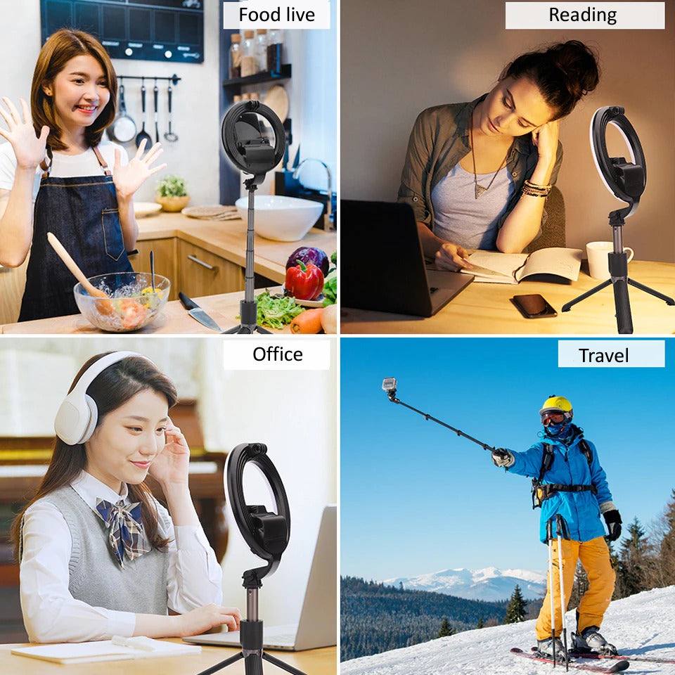 Compact 4-in-1 selfie stick with adjustable brightness LED light