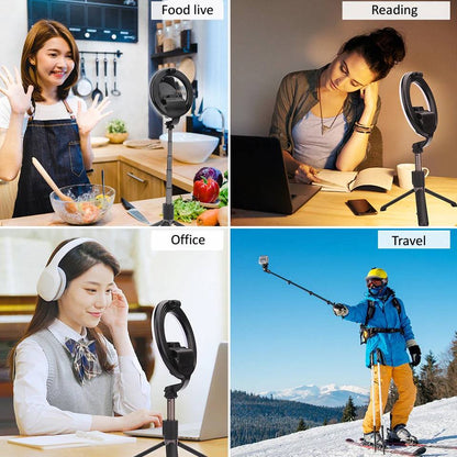 Compact 4-in-1 selfie stick with adjustable brightness LED light
