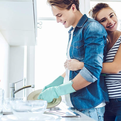 Reusable silicone dish washing gloves with built-in scrubber in yellow