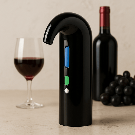 Black electric wine opener with a wine bottle and glass on a beige surface