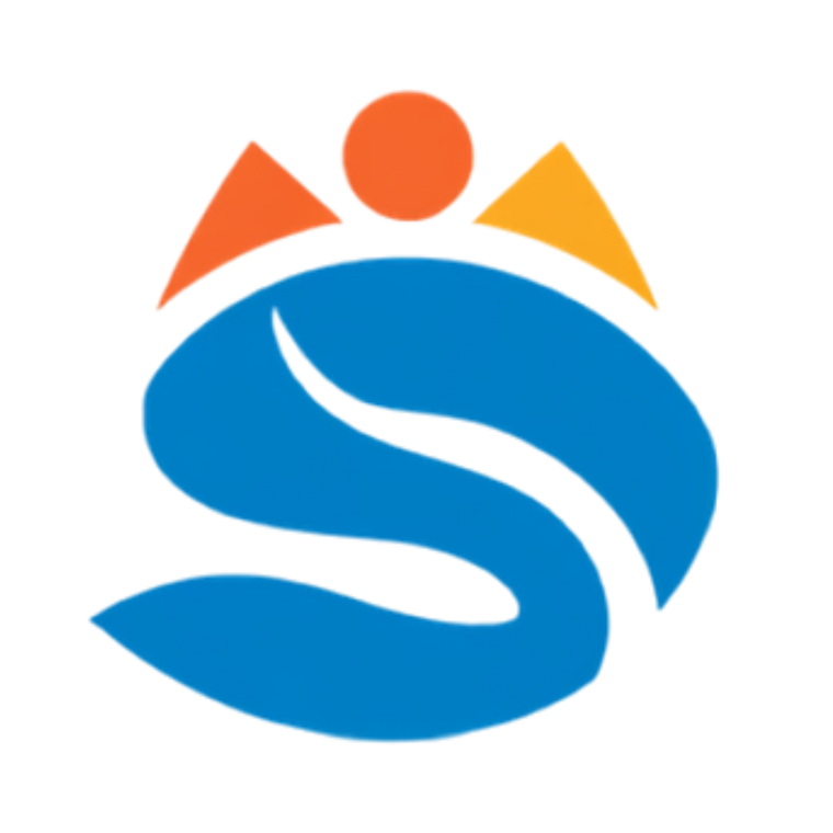 A stylized logo featuring a large blue wave-like shape with a white curved line, topped by an orange circle and two orange and yellow triangles on a white background.