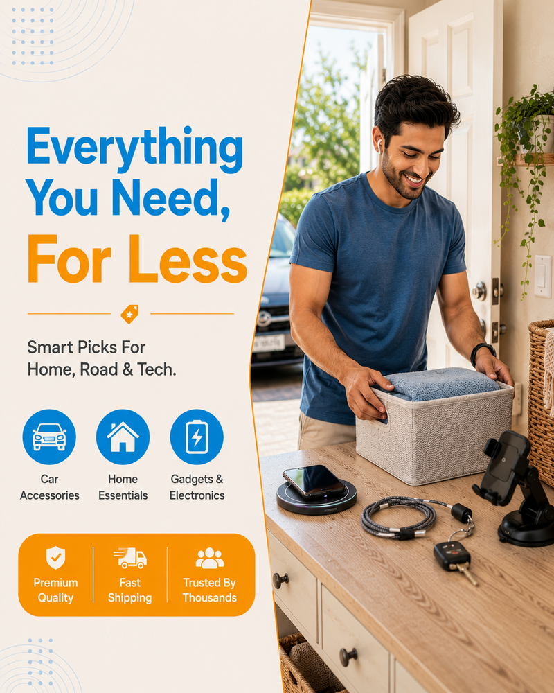 A promotional banner featuring a man in a blue t-shirt packing a gray storage box on a wooden counter inside a home. The left side of the banner has a cream-colored background with blue and orange text reading 'Everything You Need, For Less' and icons for 'Car Accessories', 'Home Essentials', and 'Gadgets & Electronics'.