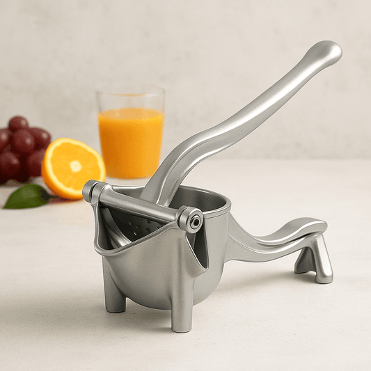 Metallic manual juicer with a glass of orange juice and fruits on a neutral background