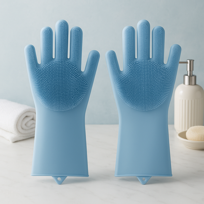 Durable silicone scrubber gloves for heavy duty kitchen and household cleaning