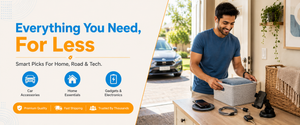 A promotional banner featuring a man in a blue t-shirt packing a gray box at a wooden table inside a home, with a car visible outside the open garage. The left side of the banner has a large white panel with blue and orange text reading 'Everything You Need, For Less' and icons for car accessories, home essentials, and gadgets & electronics.