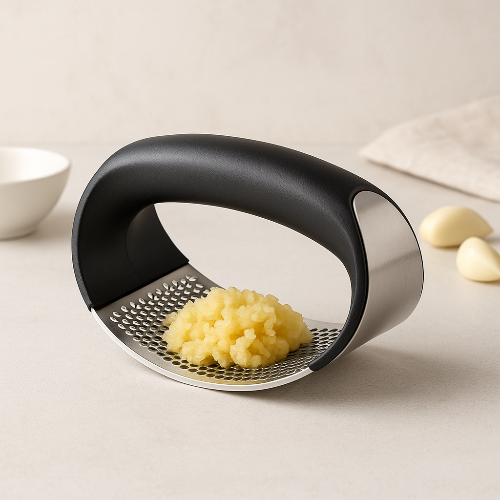 Stainless steel garlic press crusher for kitchen with easy squeeze handle