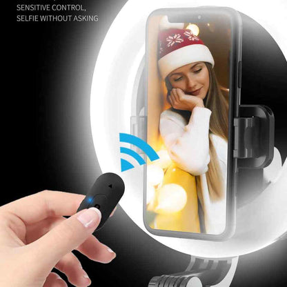 Content creator selfie stick with tripod legs and built-in LED light