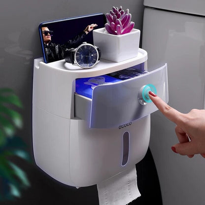 Waterproof wall mounted toilet roll holder with cover for wet rooms