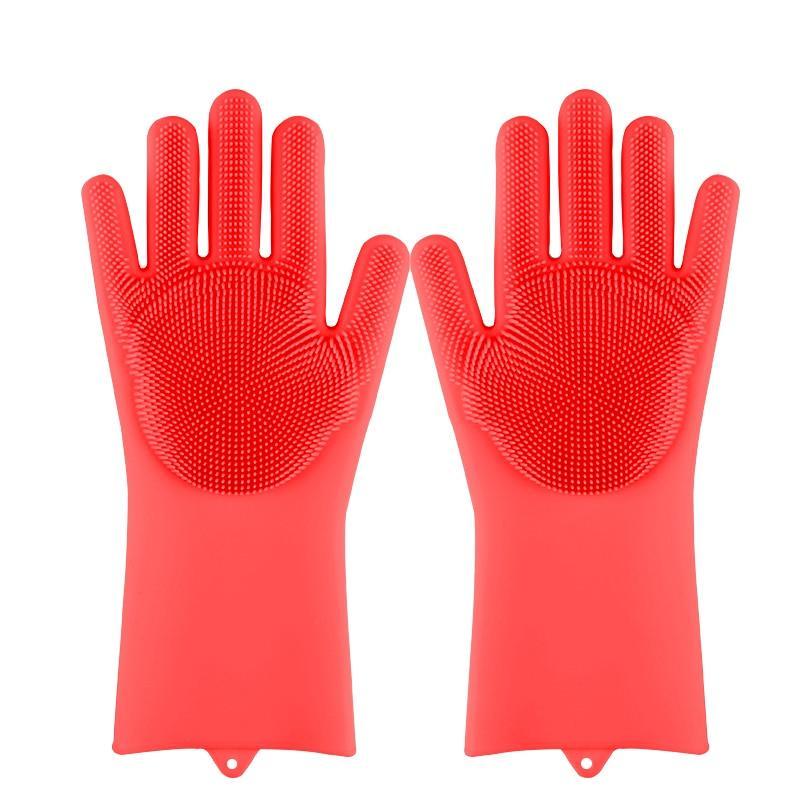 Magic silicone dishwashing gloves one size fits all in pink and red