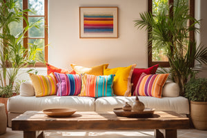 Colorful pillows on a white sofa in a living room with plants and a wooden coffee table.