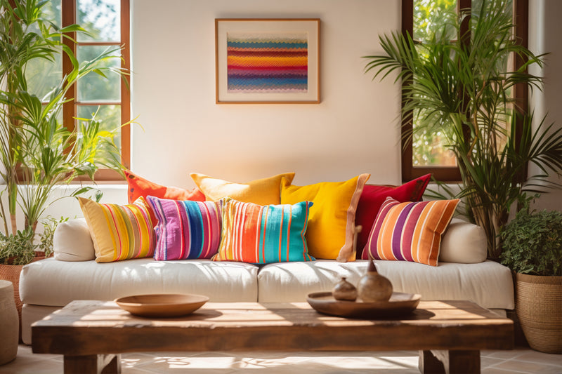 Colorful pillows on a white sofa in a living room with plants and a wooden coffee table.