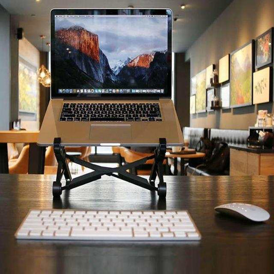 Black laptop stand with adjustable height and tilt settings