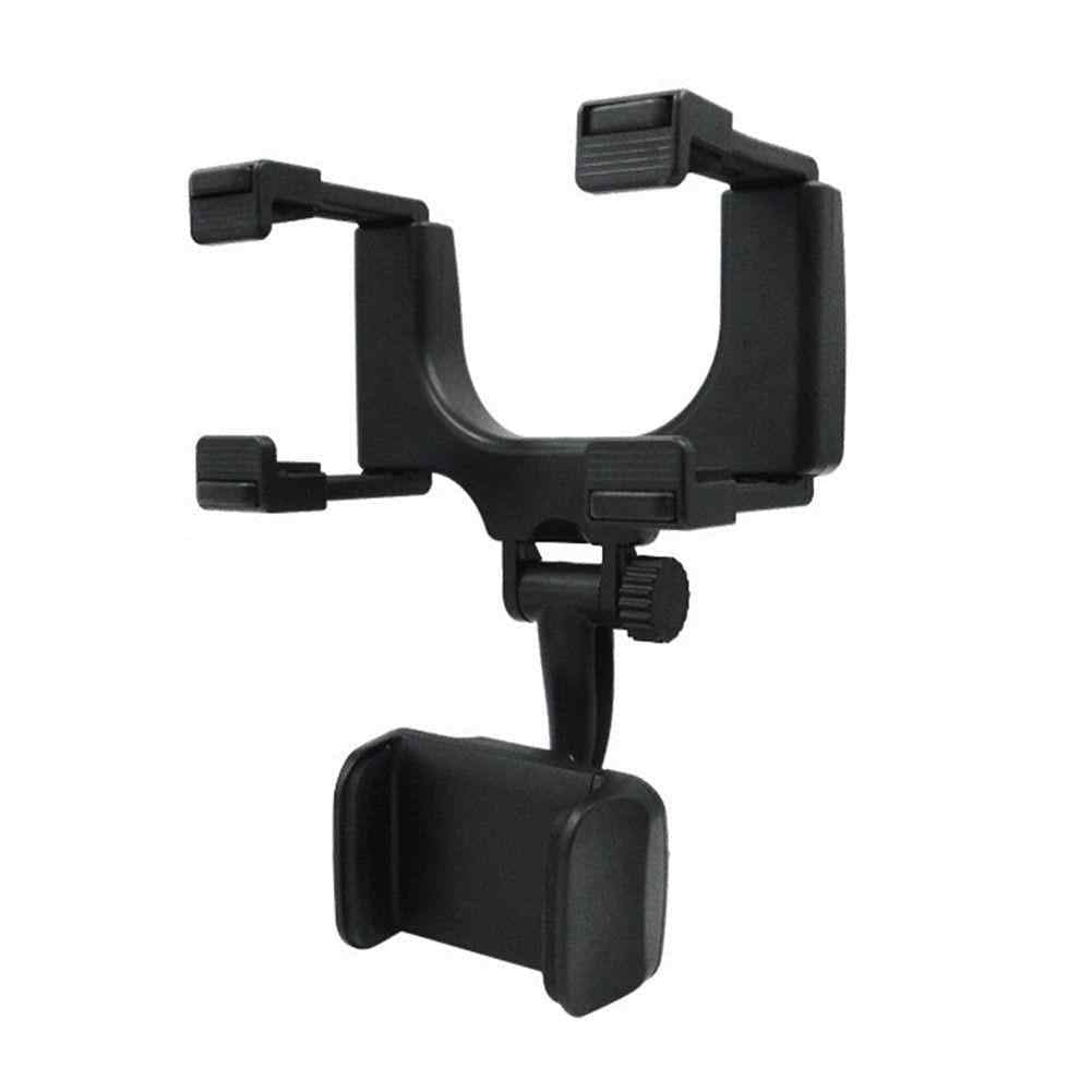 Black car rearview mirror phone mount on white background