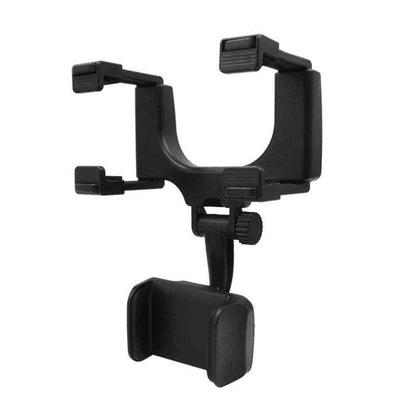 Black car rearview mirror phone mount on white background